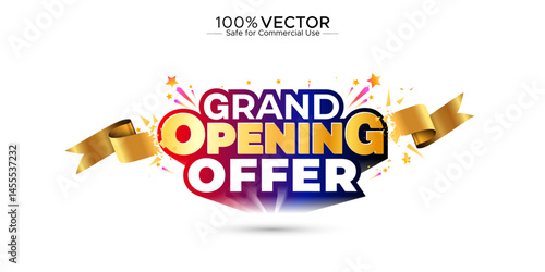 Grand Opening offer, sale, deal, discount, 3d golden logo with banner design. New shop inauguration or ceremony and sales promotion concept.
