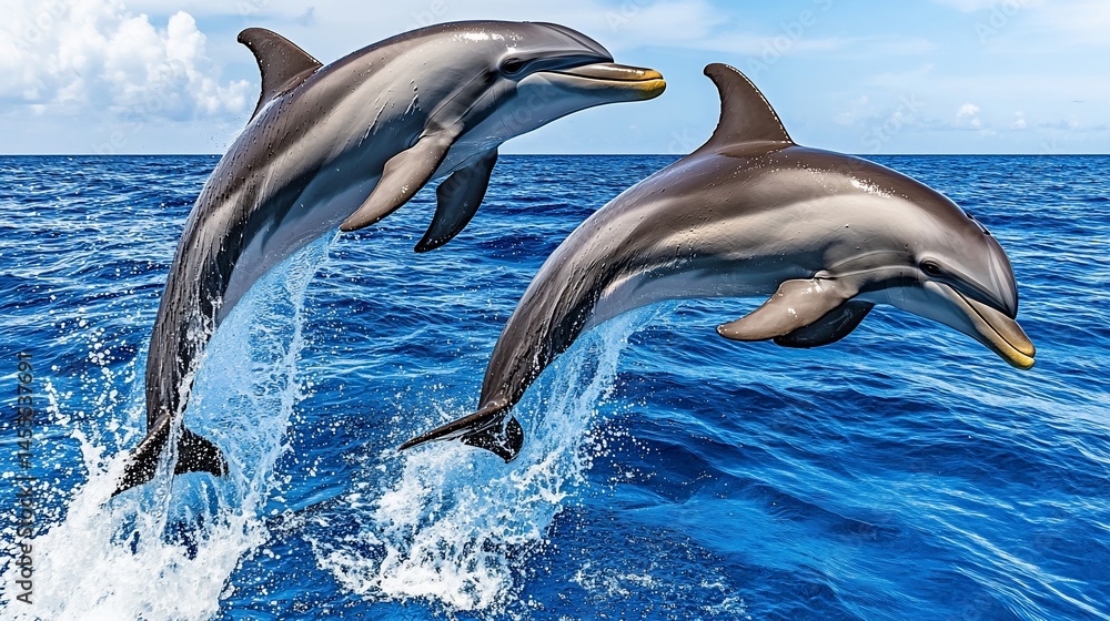 Naklejka premium Two dolphins leaping playfully in the ocean