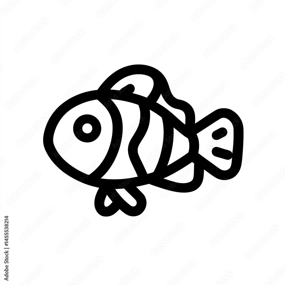 Striped Clownfish Icon A Bold Black Line Drawing Against a Pristine White Background Striped Clownfish Icon A Bold Black Line Drawing Against a Pristine White Background