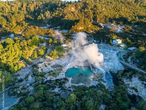 Fotografie Aerial view of the Te Puia geothermal park in Rotorua, New Zealand