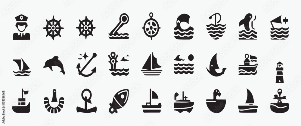 Fototapeta premium Nautical Icons Set Ships, Boats, Sailing, Navigation, and Sea Life vector