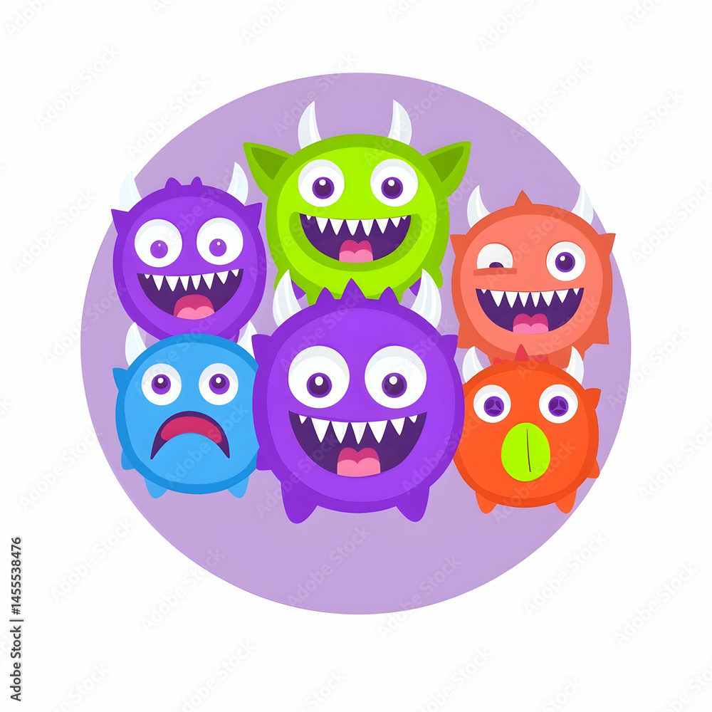 Obraz premium Colorful cartoon monsters smiling, group, illustration, digital art, children's book