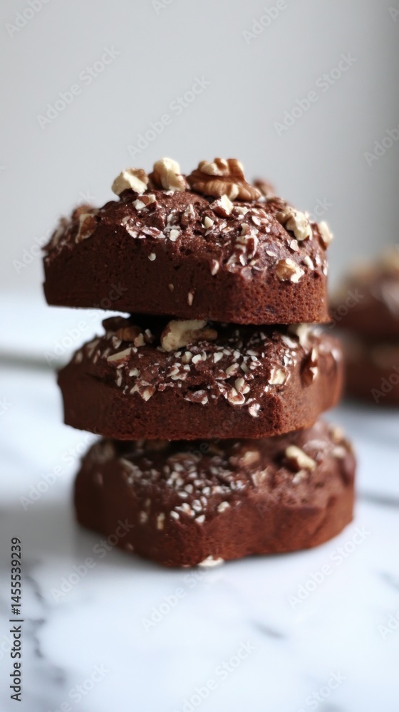 Stack of Delicious Chocolate Muffins Topped with Walnuts on a Marble Surface Ready to Eat Stack of Delicious Chocolate Muffins Topped with Walnuts on a Marble Surface Ready to Eat