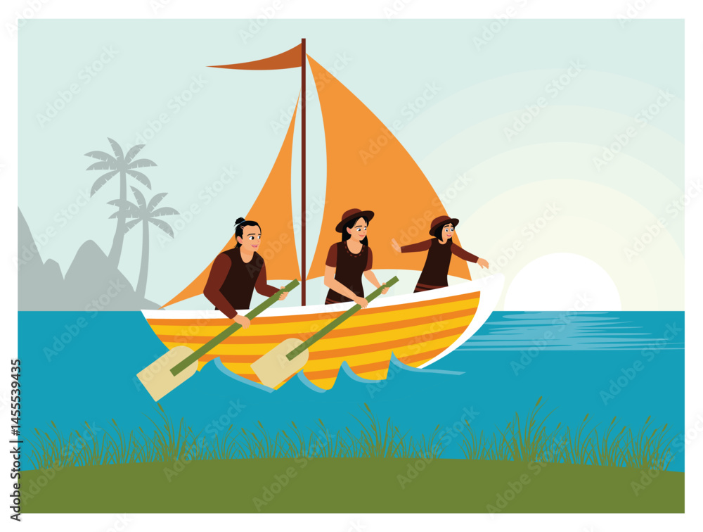 Obraz premium Family Group Sailing Under the Sunset Rowing a Sailboat with Tropical Background.