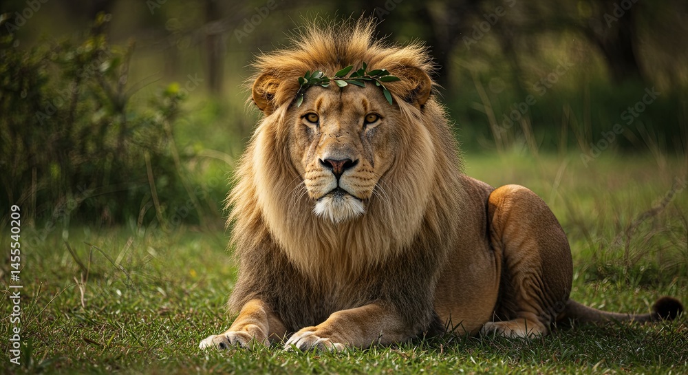 Obraz premium A lion is laying down in a grassy field with a leafy headband on