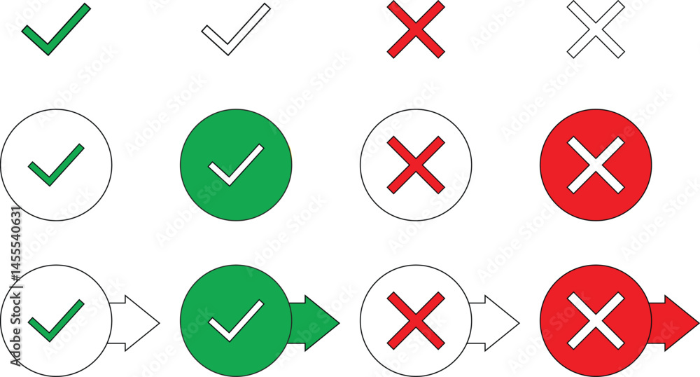 Green tick mark and red cross mark icons. check box icon with right and wrong buttons and yes or no checkmark icons in green tick box and red cross with
green and red arrow symbol Green tick mark and red cross mark icons. check box icon with right and wrong buttons and yes or no checkmark icons in green tick box and red cross with
green and red arrow symbol