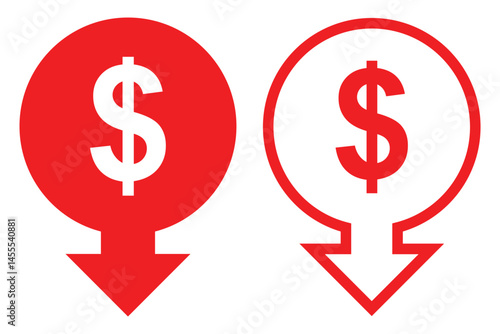 Cost Reduction Icon. Money increase or decrease icon set. dollar decrease increase symbol. profit and lose signs. Cost reduction icon Thin line art . 