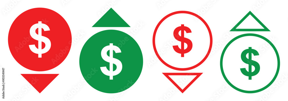 Dollar increase and decrease vector icons. Dollar rise and fall signs. Cost reduction and rise up icon. Dollar increase and reduce arrow sign. Money rotation business symbol. Currency exchange. EPS 10 Dollar increase and decrease vector icons. Dollar rise and fall signs. Cost reduction and rise up icon. Dollar increase and reduce arrow sign. Money rotation business symbol. Currency exchange. EPS 10
