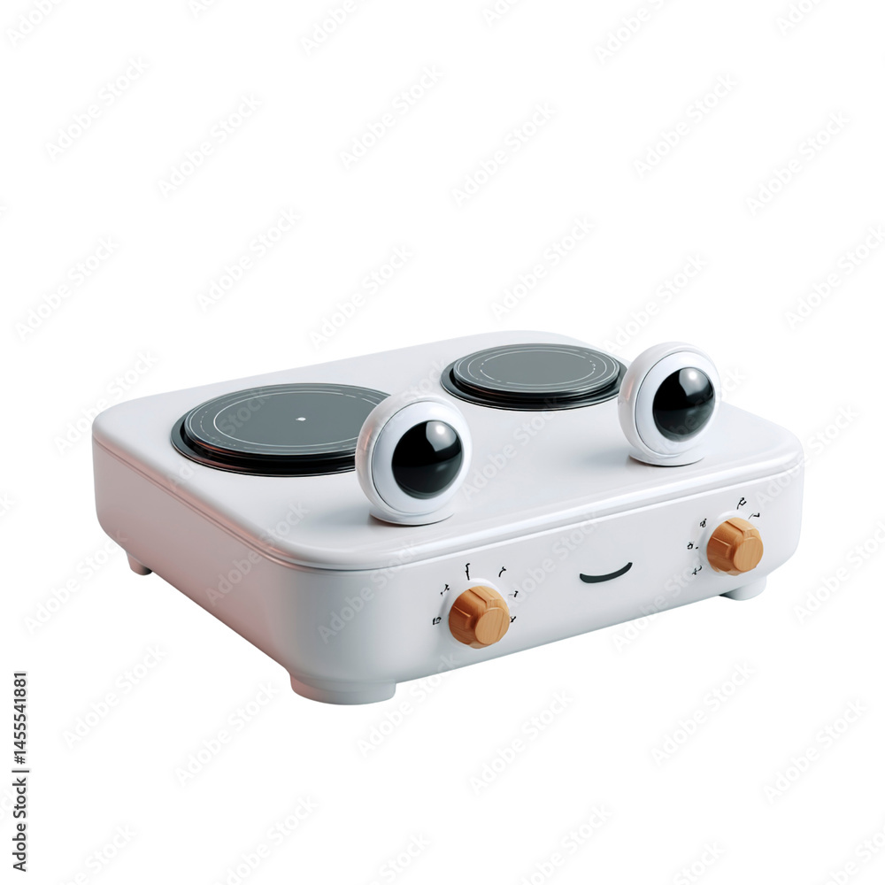 Fototapeta premium Cheerful Two-Burner Electric Cooker with Googly Eyes - 3D Render