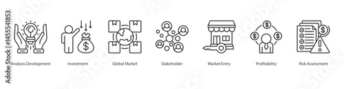 Global Market icon sheet web vector illustration analysis development, investment, global market, stakeholder, market entry, profitability, risk assessment