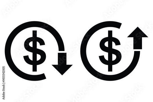 Cost Reduction Icon. Dollar price up and down icon line style. Dollar coin graph up and down. Money cost arrow growth, decline. Currency investment. Up and down dollar arrow icon in flat design. EPS10