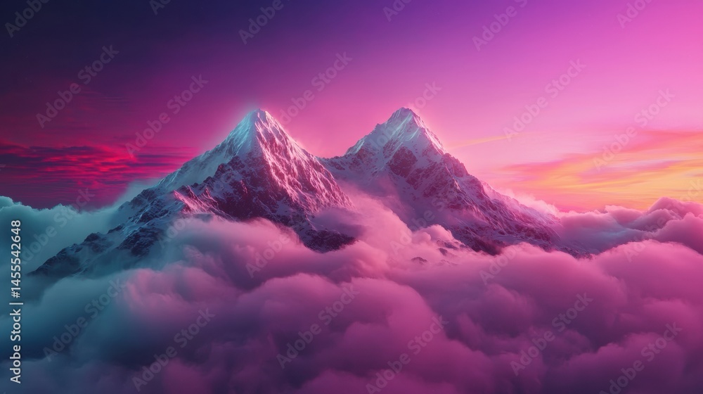 Fototapeta premium Surreal Cyberpunk Mountains with Glowing Tones and Cloudy Ice Landscape