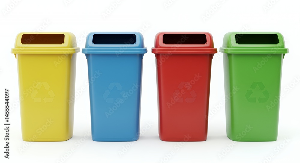 Four Differently Colored Recycling Bins in Yellow Blue Red and Green Isolated on White Background in a Clean Realistic Style Illustrating Environmental Concepts Targets 200 Characters Four Differently Colored Recycling Bins in Yellow Blue Red and Green Isolated on White Background in a Clean Realistic Style Illustrating Environmental Concepts Targets 200 Characters