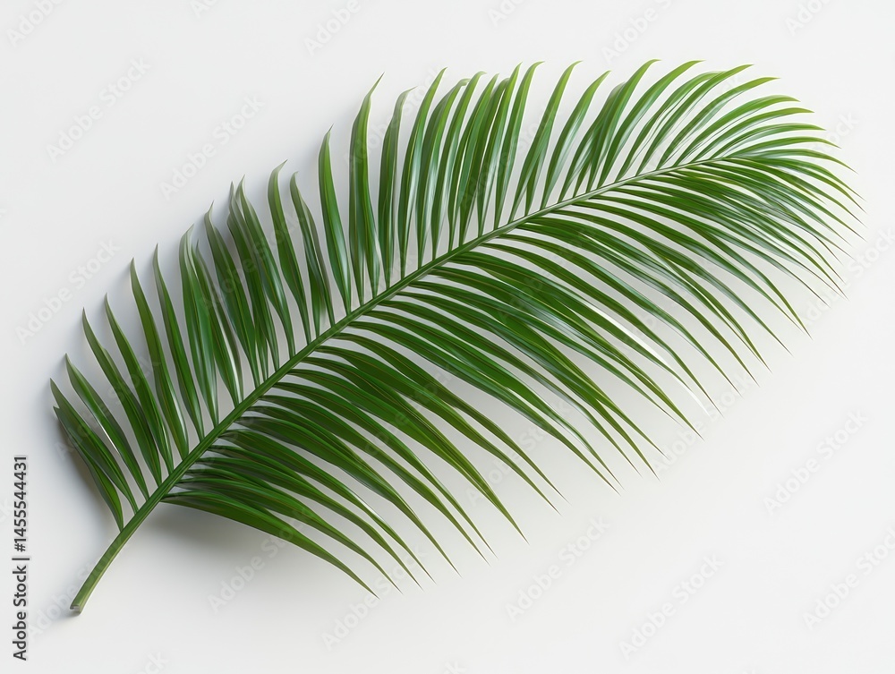 Obraz premium Lush palm leaf against a bright background. A single, vibrant green palm frond stands out. Perfectly angled and sharply focused
