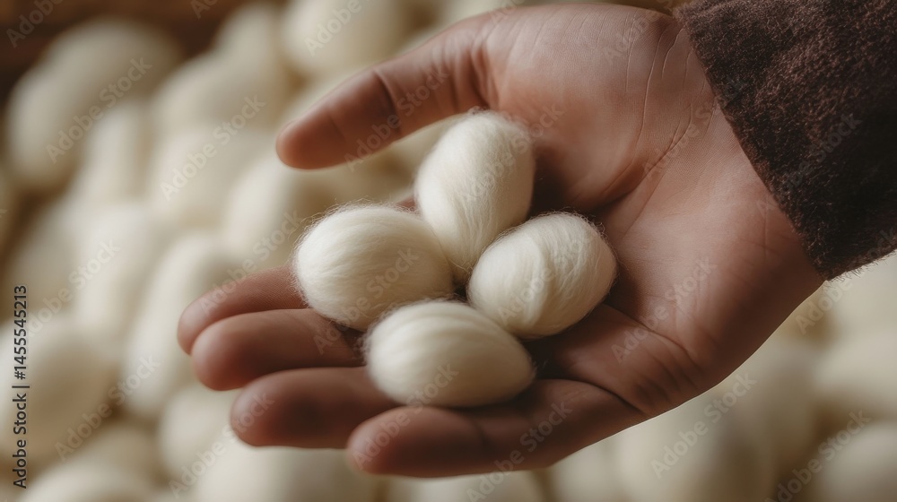 A farmer hand carefully holding a few silk cocoons, showcasing their smooth surface and organic shapes. A farmer hand carefully holding a few silk cocoons, showcasing their smooth surface and organic shapes.