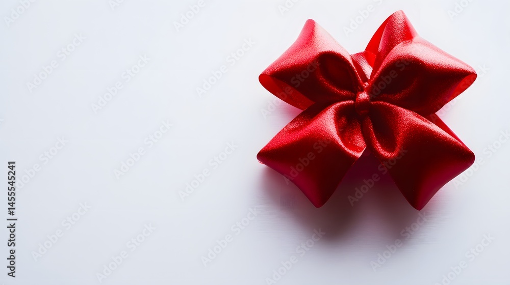 A single red satin bow sits centered on white paper A single red satin bow sits centered on white paper