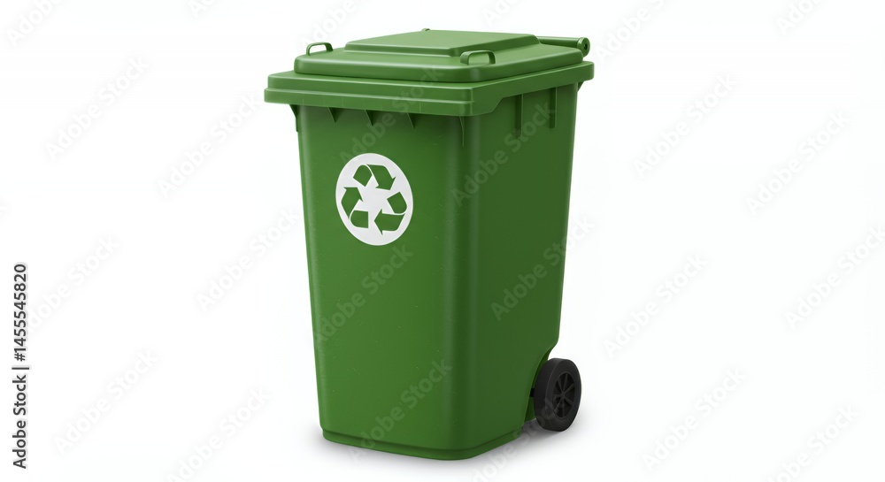 Realistic Green Wheelie Bin with Square Lid and Circular Recycling Arrows Sticker Isolated on White Background Symbolizing Environmental Responsibility for Earth Day Realistic Green Wheelie Bin with Square Lid and Circular Recycling Arrows Sticker Isolated on White Background Symbolizing Environmental Responsibility for Earth Day