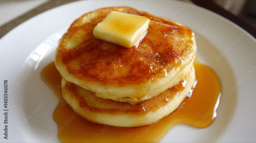Fluffy Stack of Golden Brown Pancakes Topped with Butter and Drizzled with Maple Syrup on a White Plate Fluffy Stack of Golden Brown Pancakes Topped with Butter and Drizzled with Maple Syrup on a White Plate