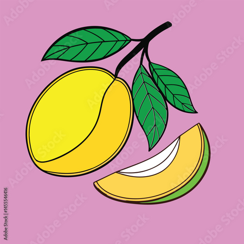  Illustration of a ripe Mango with Green Leaves and Slice editable vector summer fruit