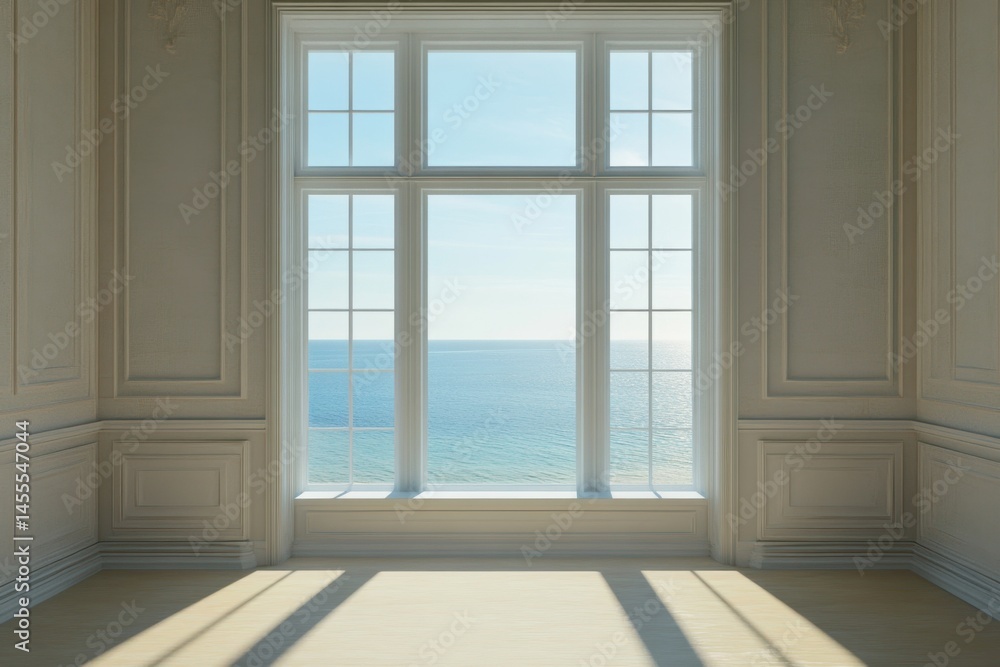 Bright Ocean View Through Large Window in Elegant Room with Natural Light and Classic Design Bright Ocean View Through Large Window in Elegant Room with Natural Light and Classic Design