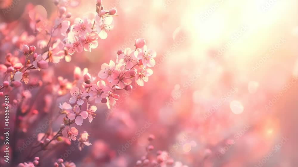 Blooming pink flowers on branches with sunlight on a bokeh filled blurred background Blooming pink flowers on branches with sunlight on a bokeh filled blurred background