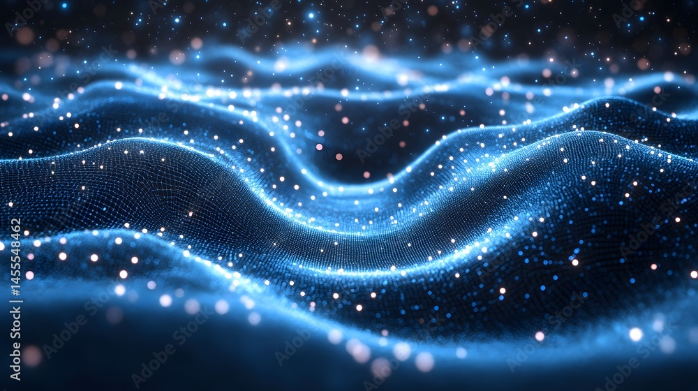 Fototapeta premium Futuristic landscape of data or energy fields with illuminated spheres and cosmic background. Abstract Digital low-poly wireframe connected dots in dark blue.