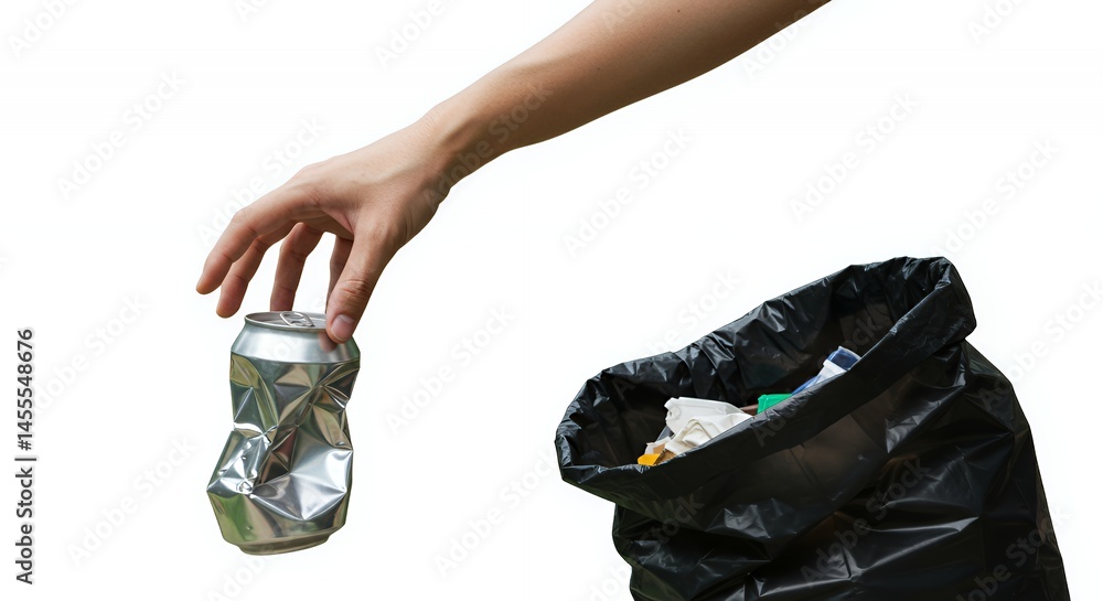 Hand Picking Up a Crumpled Aluminum Can Near a Full Trash Bag Isolated on White Background in Studio Lighting Symbolizing Earth Day