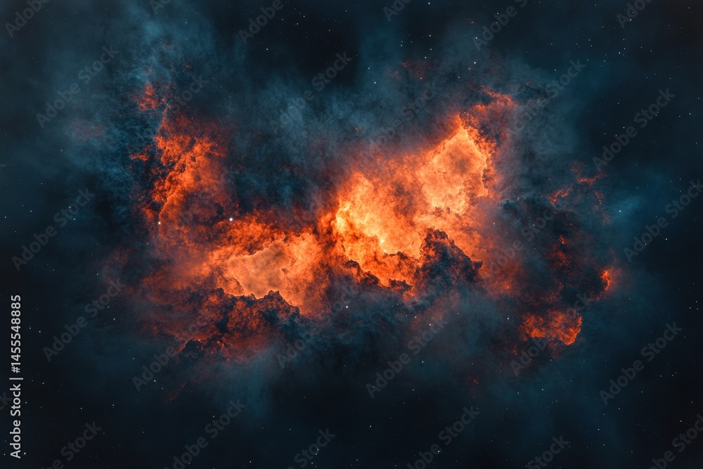 Fiery Nebula in Deep Space with Glowing Clouds and Distant Stars in the Darkness of the Universe Fiery Nebula in Deep Space with Glowing Clouds and Distant Stars in the Darkness of the Universe