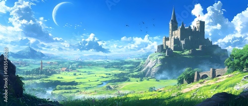 panorama of the mountains with fantasy castle