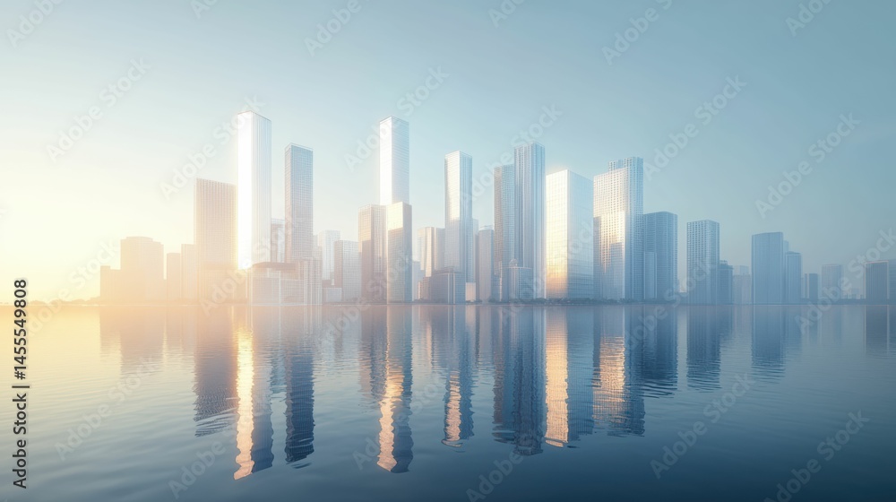 Obraz premium Modern City Skylines Lit by Golden Sunlight and Motion Effects, Merging Architectural Grandeur with Futuristic Reflections and Vibrant Urban Energy.