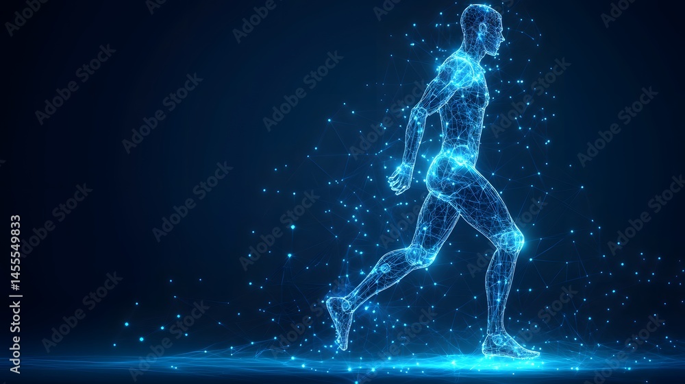 Futuristic digital runner, energy pulsing through a network of light. Dynamic, motion-filled scene. Abstract Digital low-poly wireframe connected dots in dark blue. Futuristic digital runner, energy pulsing through a network of light. Dynamic, motion-filled scene. Abstract Digital low-poly wireframe connected dots in dark blue.