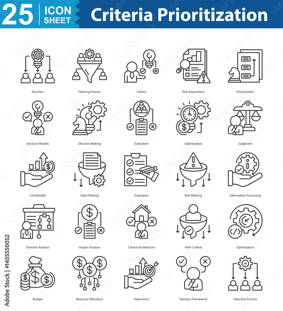 Fototapeta premium Criteria Prioritization icon sheet vector decision, filtering process, choice, risk assessment, prioritization, decision models, decision making, evaluation, optimization, judgment, cost benefit, data