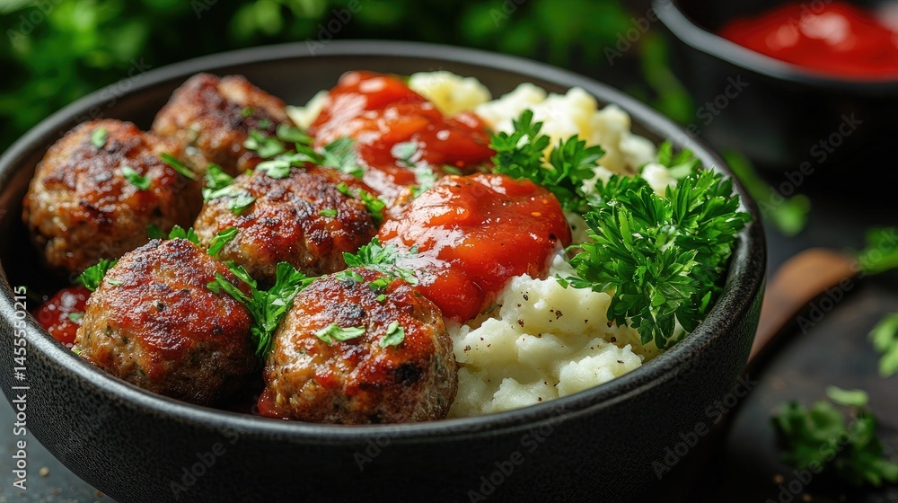 Delicious meatballs with mashed potatoes, red sauce, and fresh parsley in black bowl. Use this photo to illustrate recipes, food blogs, or menus with comfort food. Delicious meatballs with mashed potatoes, red sauce, and fresh parsley in black bowl. Use this photo to illustrate recipes, food blogs, or menus with comfort food.