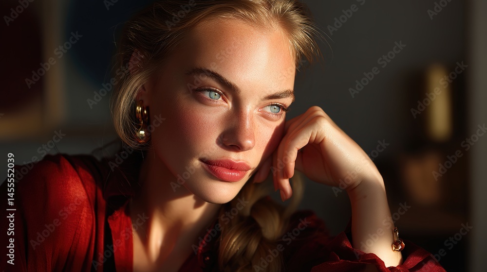 Warm vibe beauty photography of a woman in soft light indoor setting inviting mood close-up view Warm vibe beauty photography of a woman in soft light indoor setting inviting mood close-up view