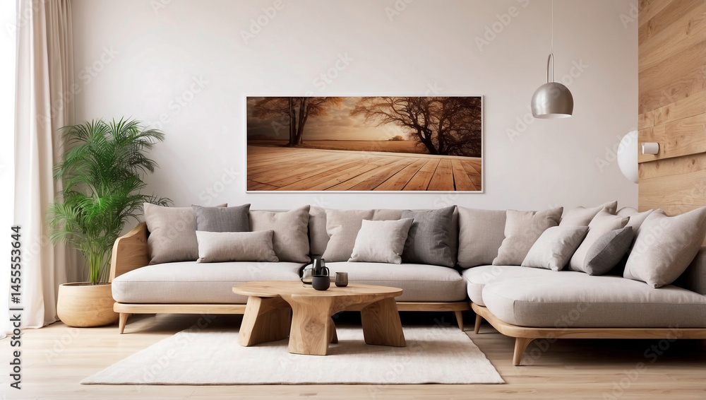 Panoramic Wood Lounge Corner with Poster for a Cozy Atmosphere Panoramic Wood Lounge Corner with Poster for a Cozy Atmosphere