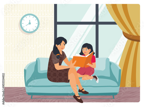 Mother Reading to Daughter on Sofa in Comfortable Living Room Setting.
