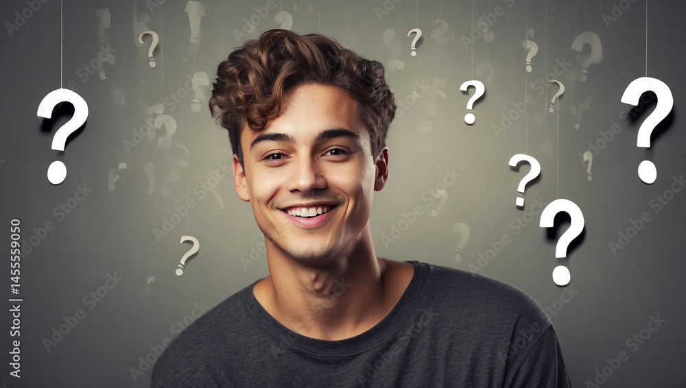 Smiling Young Man with Question Marks Symbolizing Exploration and Curiosity Smiling Young Man with Question Marks Symbolizing Exploration and Curiosity