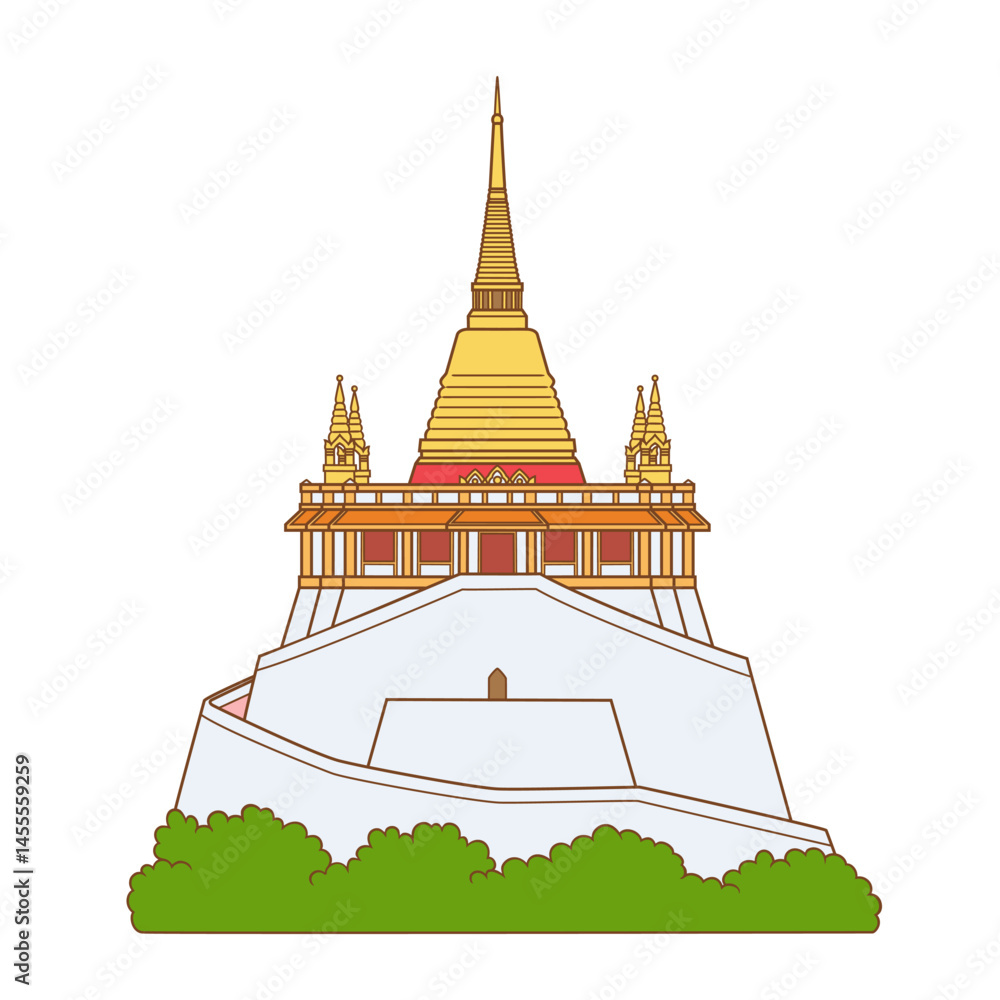 Obraz premium Vector illustration of The golden mountain, Wat Saket temple in Bangkok, Thailand.