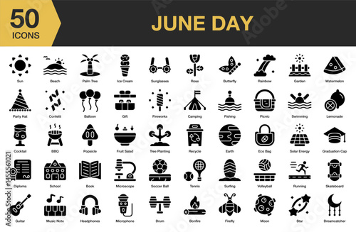 June Day solid icon set. Includes earth, eco, environment, holiday, monthly, and More. Solid icons vector collection.