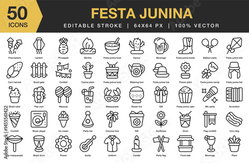 Festa Junina icon set. Editable Stroke Icon Collection. Includes festival, celebration, holiday, june, brazilian, party, and More. Outline icons vector collection.
