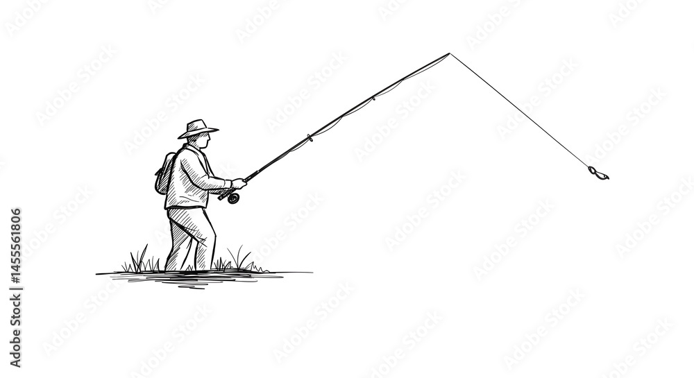 Obraz premium Fisherman Casting Line Sketch Illustration
