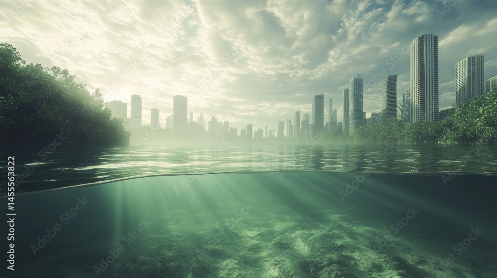 Fototapeta premium Submerged Metropolis: A Vision of Coastal City Drowning in Rising Seas