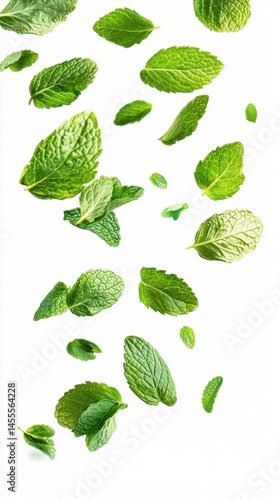 Fresh Mint Leaves Floating in Air on White Background for Culinary and Herbal Concepts