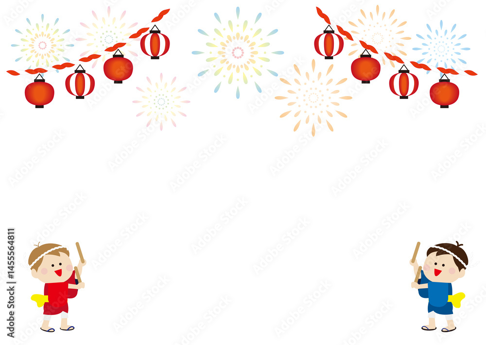 Fototapeta premium 太鼓のバチでポーズを決める子供 夏祭りの背景イラスト