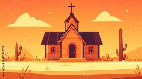 Pixellated depiction of a church in a desert setting under a bright sunset with cacti and an overall warm aesthetic environment