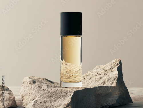 Tall and Slim Perfume Bottle â€“ A tall, cylindrical glass perfume bottle with a black cap is placed on a cracked stone surface, offering a raw, edgy contrast