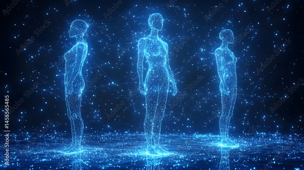 Futuristic holographic figures stand on a digital plane, surrounded by a network of glowing blue lines and points. Abstract Digital low-poly wireframe connected dots in dark blue. Futuristic holographic figures stand on a digital plane, surrounded by a network of glowing blue lines and points. Abstract Digital low-poly wireframe connected dots in dark blue.