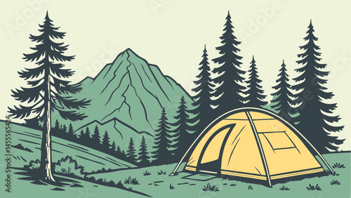 Mountain Camping Forest Scene Vector Illustration