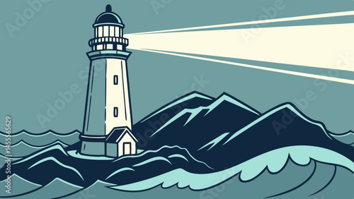 Lighthouse on rocky coast with dramatic waves at night