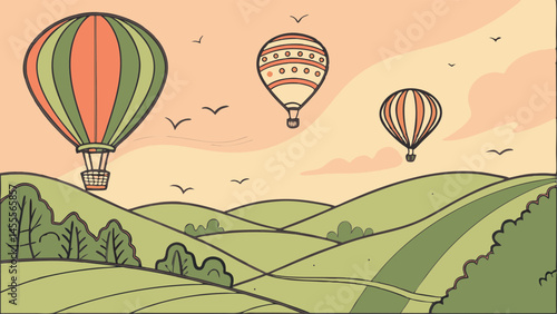 Three hot air balloons over rolling green hills
